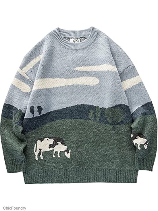 Other - Men Oversized Cable Knit Pullover Graphic Sweater Crewneck Cute Y2K Unisex